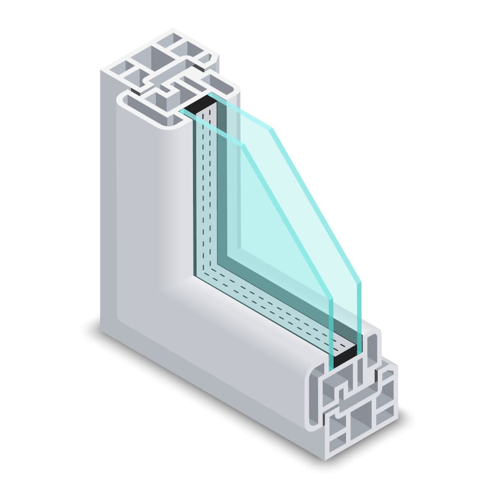 Doorsnede van een PVC raam met HR++ glas